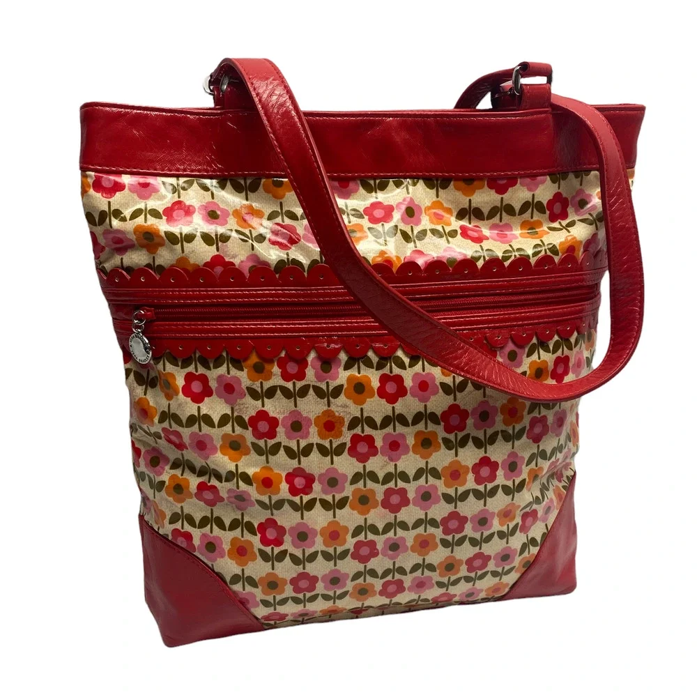 Vera Bradley Frill large tote shoulder bag red patent trim floral body - Picture 1 of 13